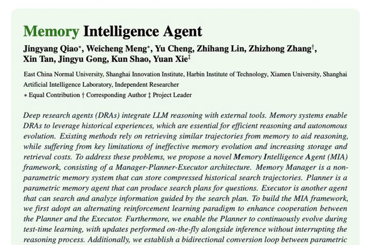 MIA Memory Intelligence Agent framework Manager-Planner-Executor architecture for AI agents